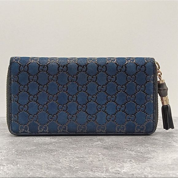 Gucci Vintage Rare Limited Edition Bamboo Blue Suede Leather Continental Large Z - Picture 2 of 13